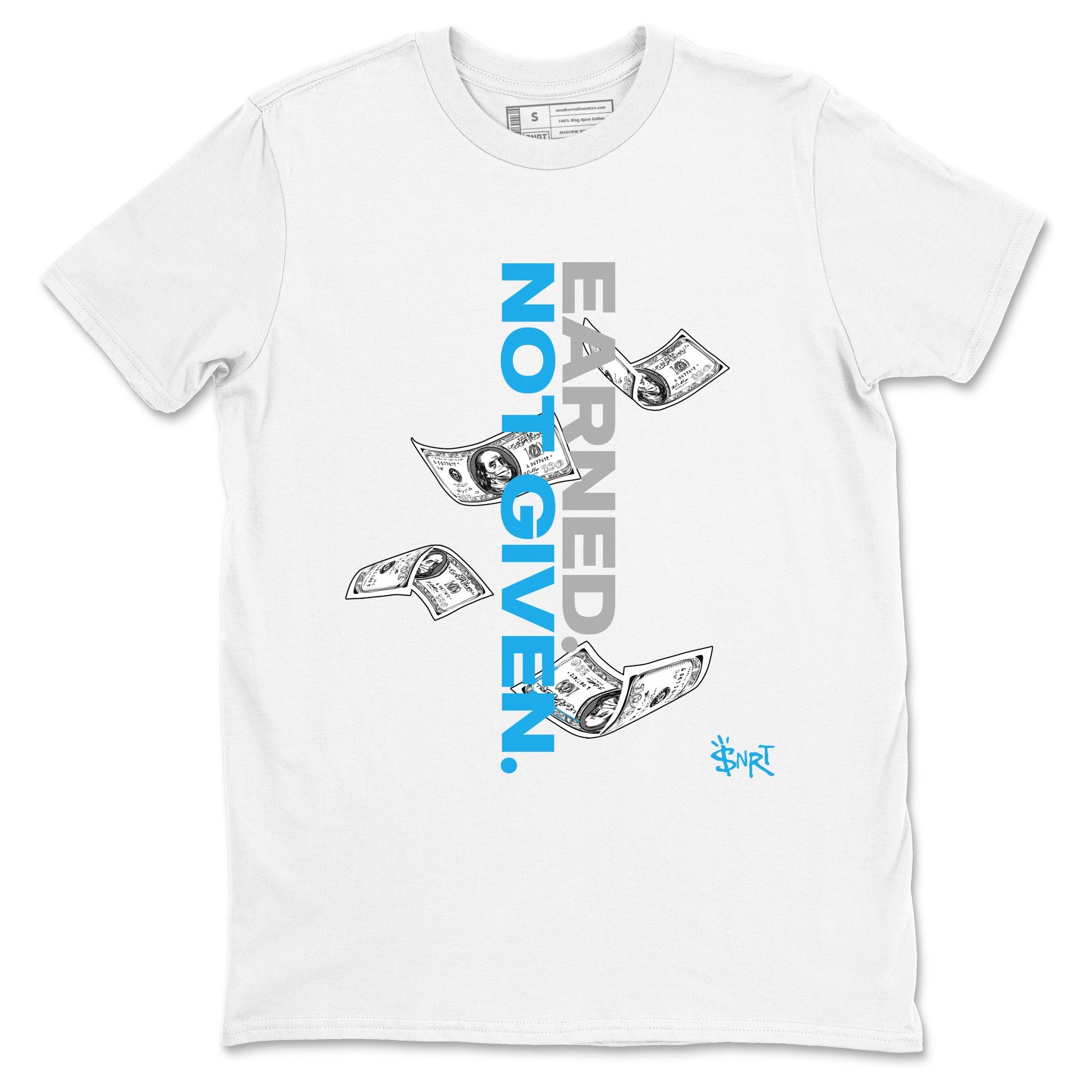 Earned Not Given sneaker match t-shirt styled to complete your fit with the Air Jordan 1 UNC Reimagined sneakers, shown in White 2.