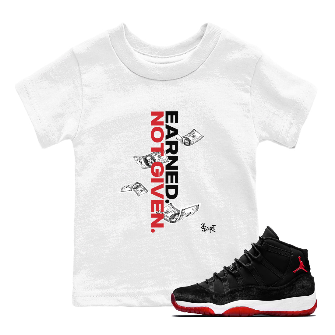 11s Bred Velvet shirts to match jordans Earned Not Given sneaker match tees Air Jordan 11 Retro Bred Velvet match shoes to clothes SNRT Sneaker Tees Youth Baby White 1 tee