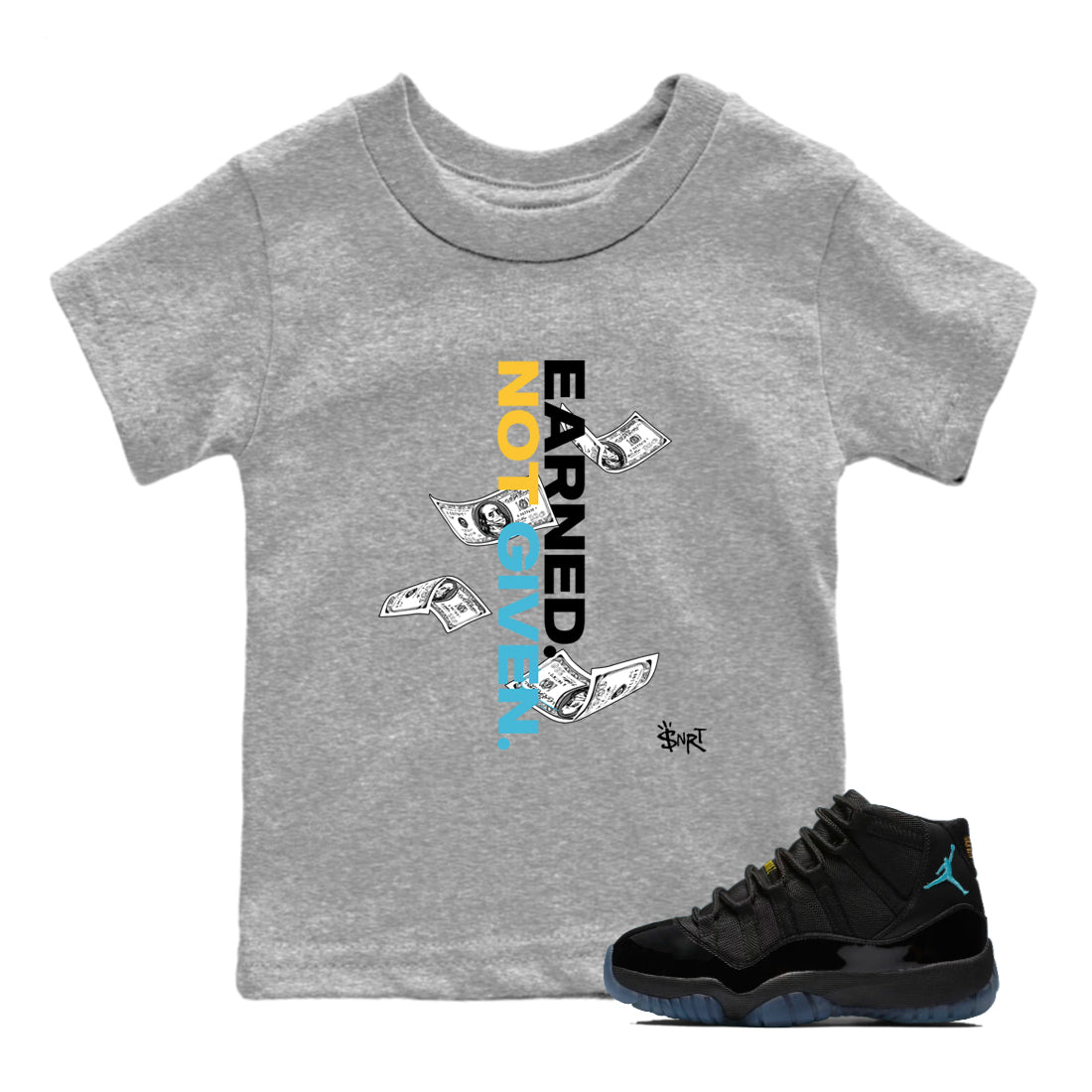 Sneaker match tees – Sneaker Tees To Match Air Jordan 11 Gamma Shoes – Earned Not Given Kids T-Shirt Heather Grey 1