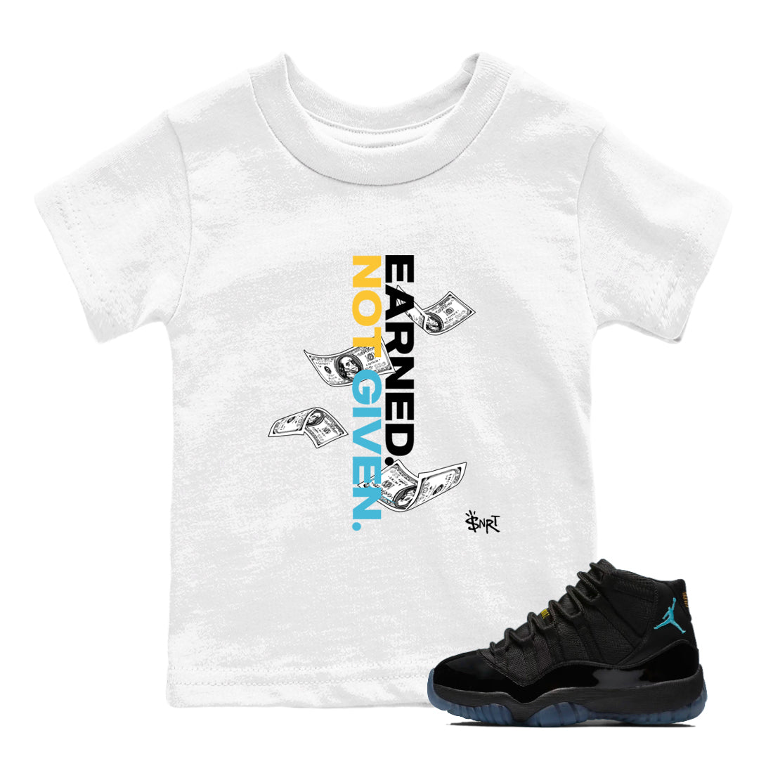 Sneaker match tees – Sneaker Tees To Match Air Jordan 11 Gamma Shoes – Earned Not Given Kids T-Shirt White 1