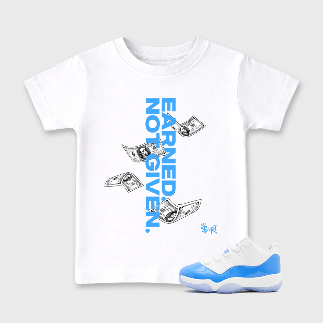 Sneaker match tees – Sneaker Tees To Match Air Jordan 11 University Blue Shoes – Earned Not Given Kids T-Shirt White 1