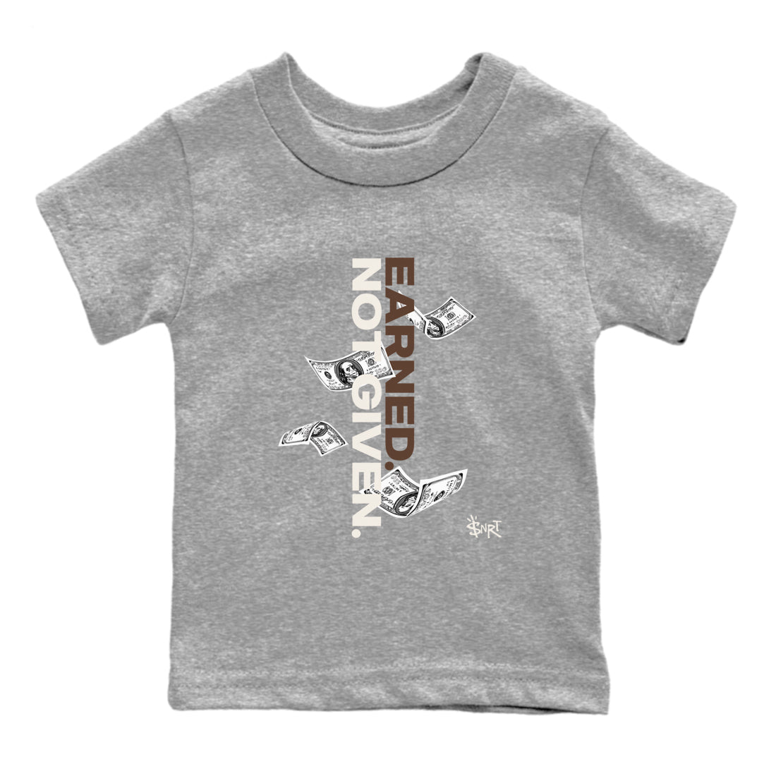 AJ12 Baroque Brown shirts to match jordans Earned Not Given best t shirts to wear with jordans SoleFly x Jordan 12 Baroque Brown match shoes to clothes SNRT Sneaker Tees Youth Baby Heather Grey 2 tee