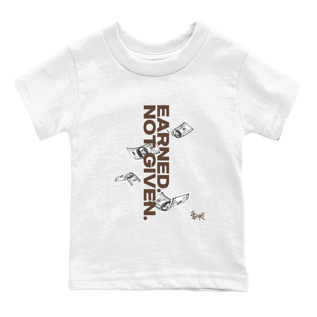 AJ12 Baroque Brown shirts to match jordans Earned Not Given best t shirts to wear with jordans SoleFly x Jordan 12 Baroque Brown match shoes to clothes SNRT Sneaker Tees Youth Baby White 2 tee