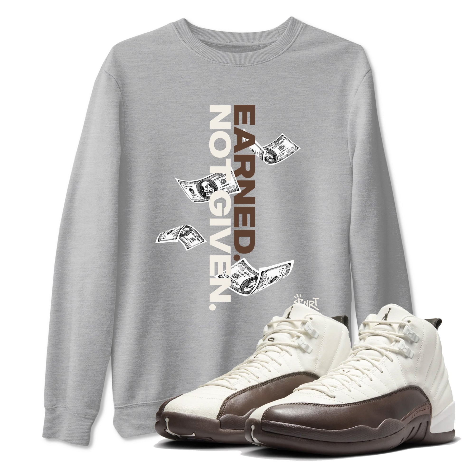 AJ12 Baroque Brown shirts to match jordans Earned Not Given best t shirts to wear with jordans SoleFly x Jordan 12 Baroque Brown match shoes to clothes SNRT Sneaker Tees unisex cotton Heather Grey 1 shirts