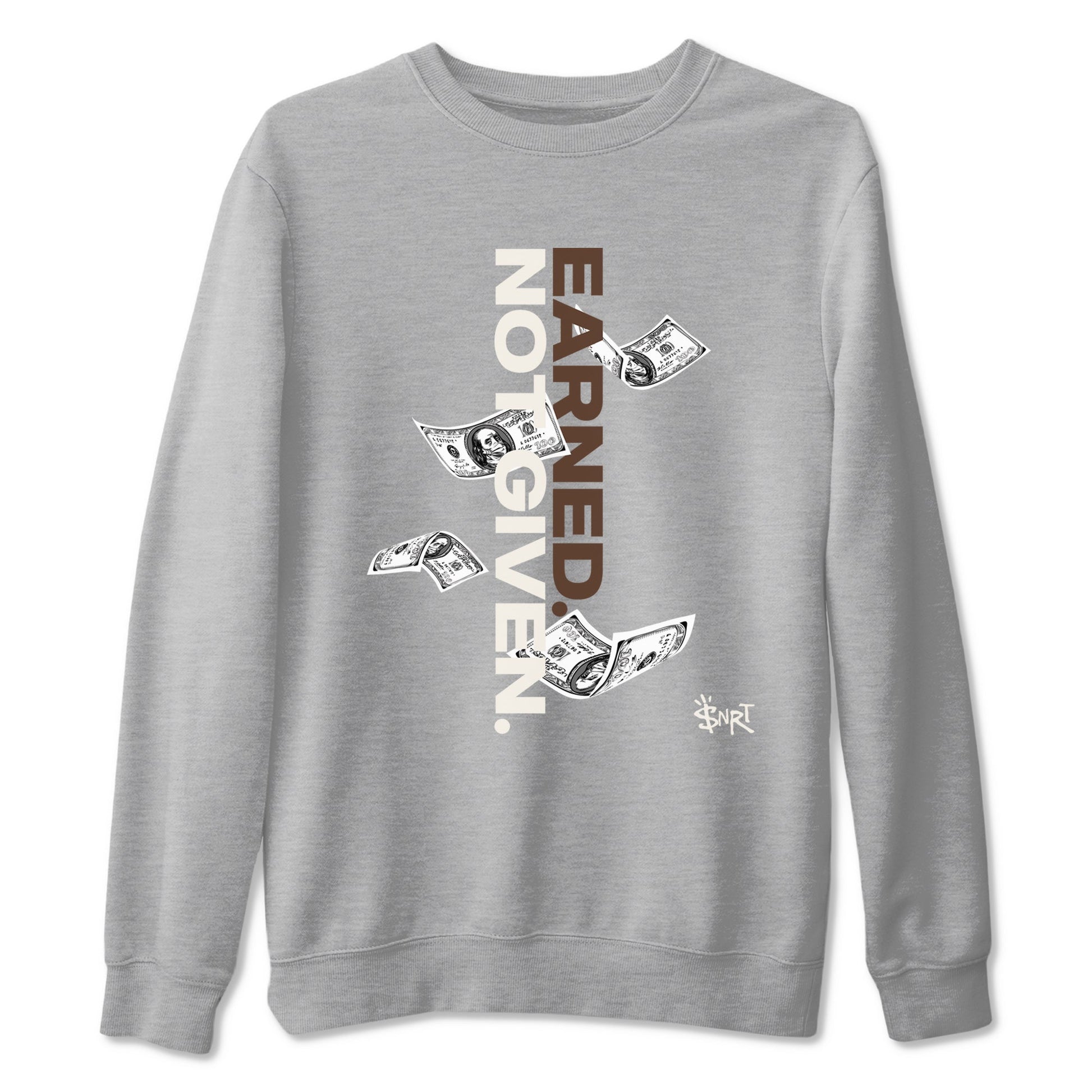 AJ12 Baroque Brown shirts to match jordans Earned Not Given best t shirts to wear with jordans SoleFly x Jordan 12 Baroque Brown match shoes to clothes SNRT Sneaker Tees unisex cotton Heather Grey 2 shirts