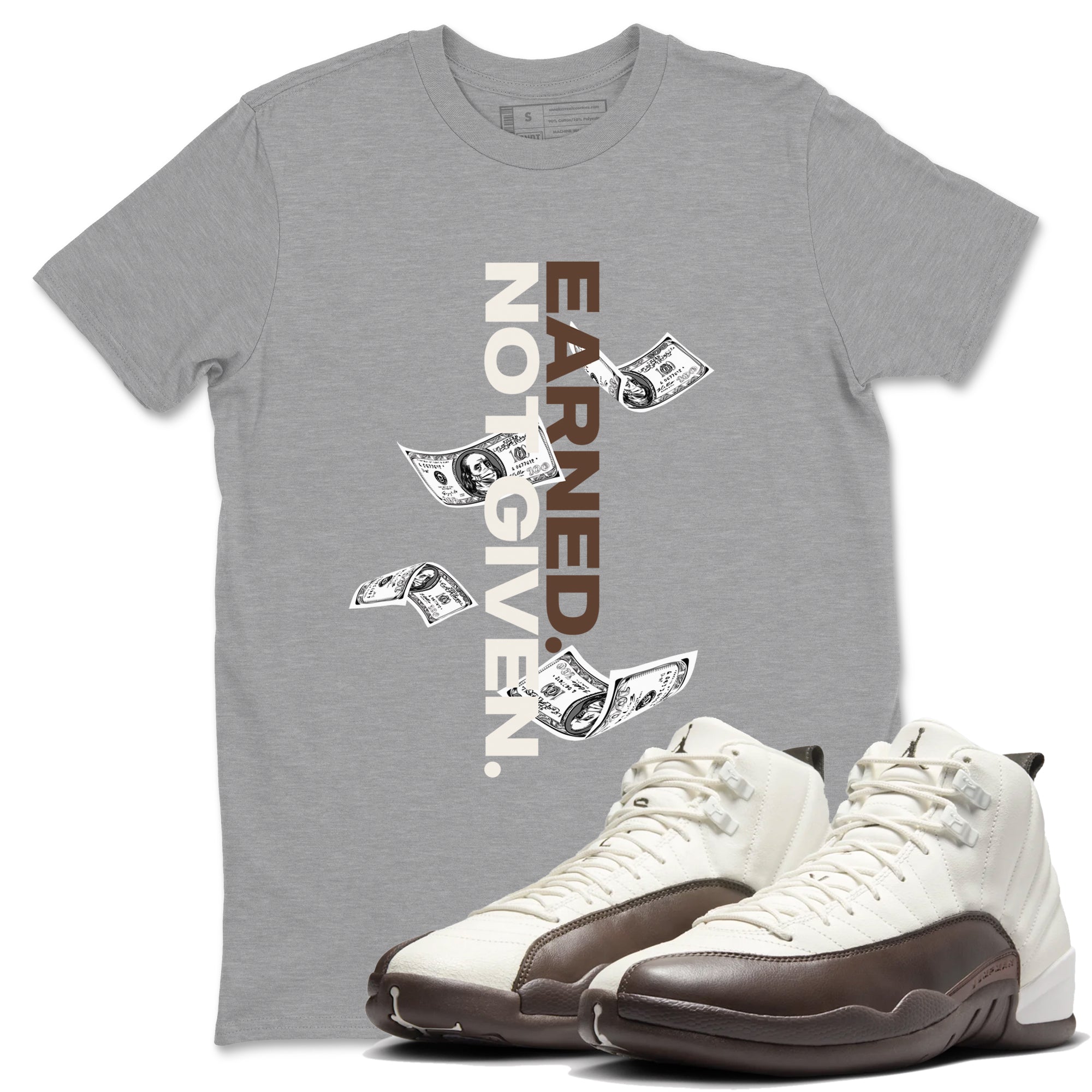 AJ12 Baroque Brown shirts to match jordans Earned Not Given best t shirts to wear with jordans SoleFly x Jordan 12 Baroque Brown match shoes to clothes SNRT Sneaker Tees unisex cotton Heather Grey 1 shirts