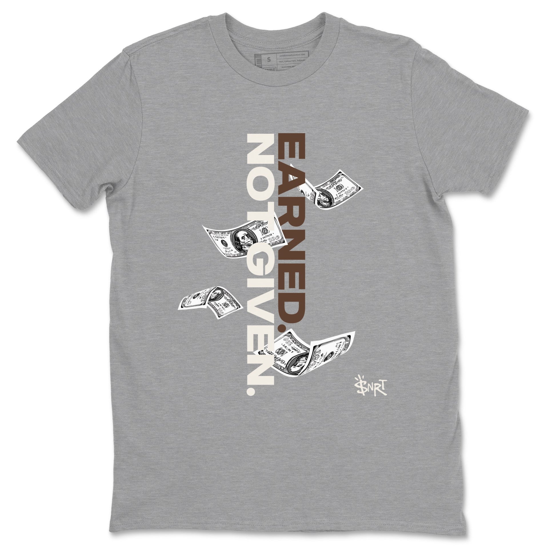 AJ12 Baroque Brown shirts to match jordans Earned Not Given best t shirts to wear with jordans SoleFly x Jordan 12 Baroque Brown match shoes to clothes SNRT Sneaker Tees unisex cotton Heather Grey 2 shirts