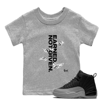 12s Black Wolf Grey shirts to match jordans Earned Not Given sneaker match tees Air Jordan 12 Barons SNRT Sneaker Release Tees Youth Baby Heather Grey 1 crew neck shirts