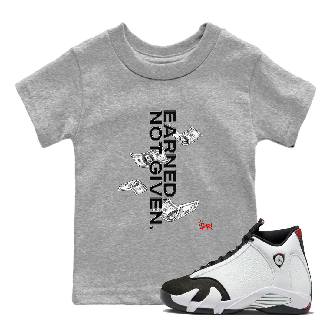 14s Black Toe t shirts to match sneakers Earned Not Given sneaker match tees Air Jordan 14 Black Toe shirt SNRT Sneaker Tees Youth Baby Heather Grey 1 tee