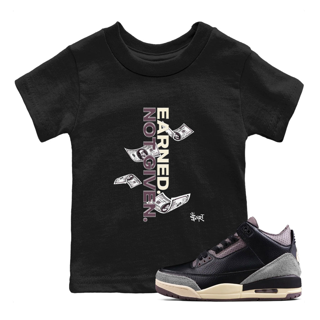 3s A Ma Maniere x Black shirts to match jordans Earned Not Given sneaker match tees Air Jordan 3 A Ma Maniere x Black SNRT Sneaker Release Tees Youth Baby Black 1 crew neck shirts