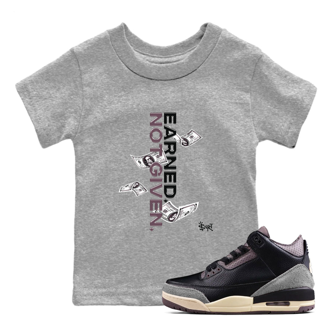 3s A Ma Maniere x Black shirts to match jordans Earned Not Given sneaker match tees Air Jordan 3 A Ma Maniere x Black SNRT Sneaker Release Tees Youth Baby Heather Grey 1 crew neck shirts