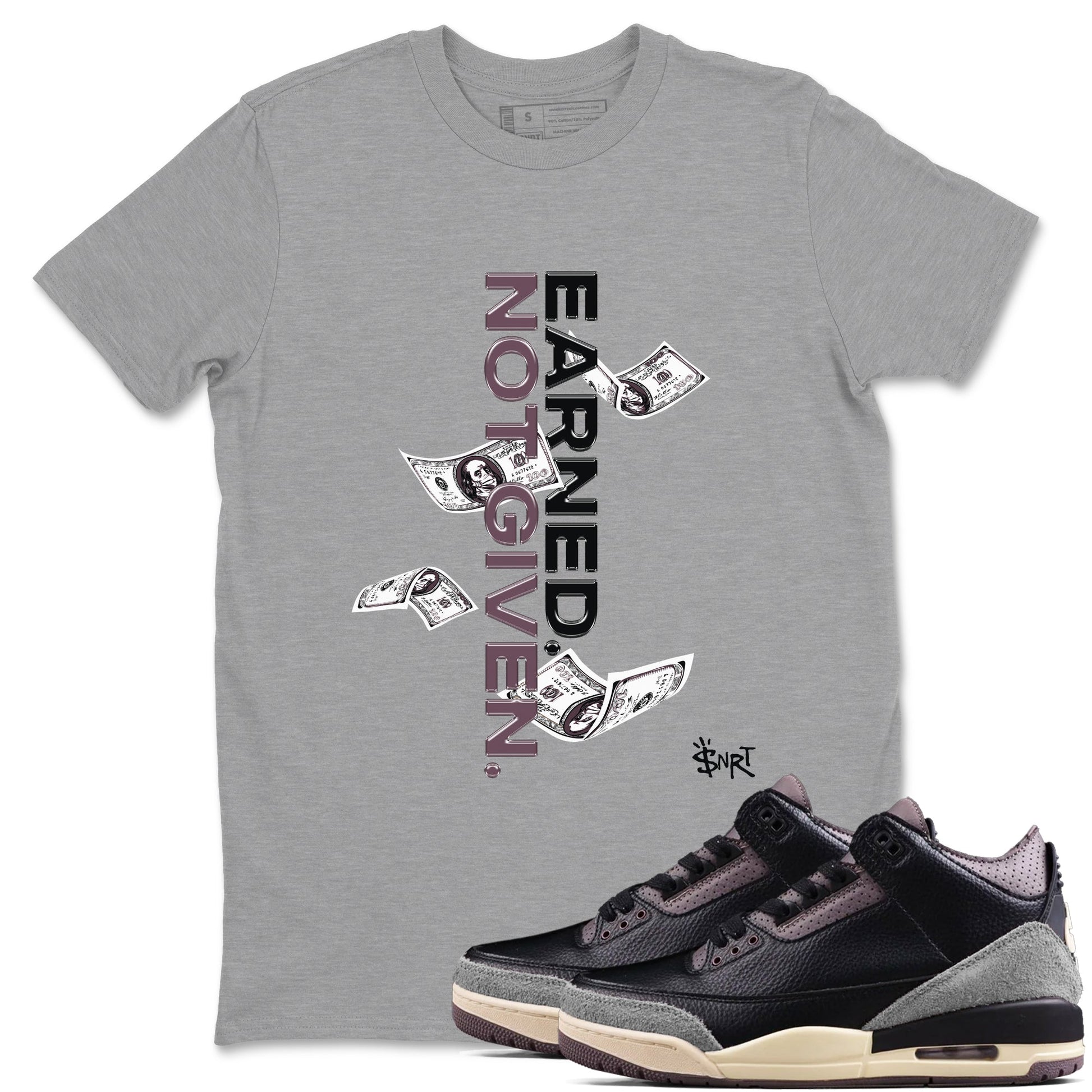 3s A Ma Maniere x Black shirts to match jordans Earned Not Given sneaker match tees Air Jordan 3 A Ma Maniere x Black SNRT Sneaker Release Tees unisex cotton Heather Grey 1 crew neck shirts