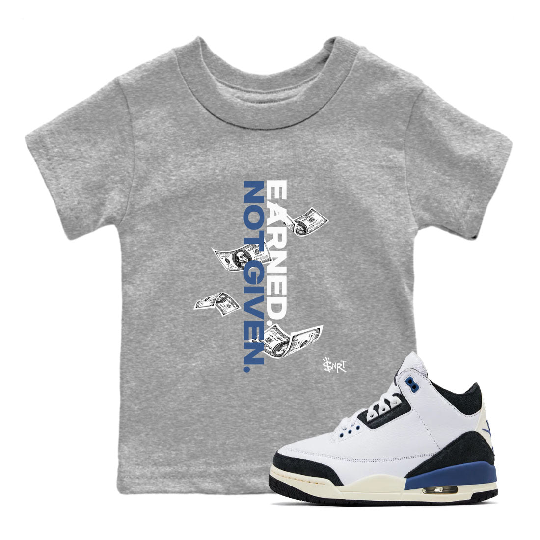 3s For The Love to match jordans Earned Not Given best t shirts to wear with jordans A Ma Maniere x Air Jordan 3 Diffused Blue match shoes to clothes SNRT Sneaker Tees Youth Baby Heather Grey 1 tee