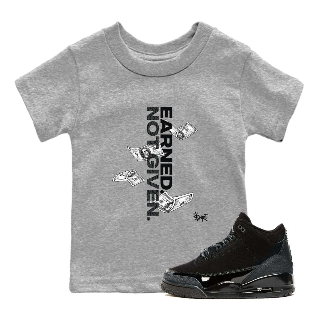3s Black Cat shirts to match jordans Earned Not Given sneaker match tees Air Jordan 3 Retro Black Cat match shoes to clothes SNRT Sneaker Tees Youth Baby Heather Grey 1 tee
