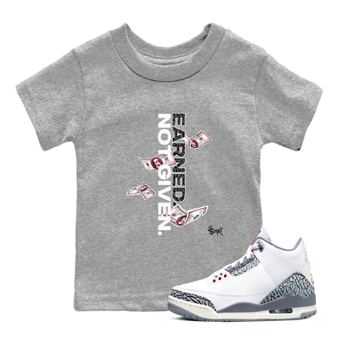 3s Cement Grey shirts to match jordans Earned Not Given sneaker match tees Air Jordan 3 Cement Grey SNRT Sneaker Release Tees Youth Baby Heather Grey 1 crew neck shirts