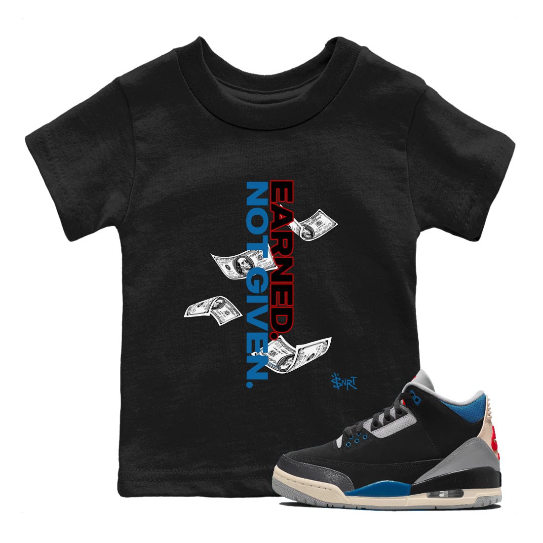 Earned Not Given baby and kids t-shirt crafted for little sneakerheads to shine with the Air Jordan 3 Rare Air sneakers, displayed in Black 1.