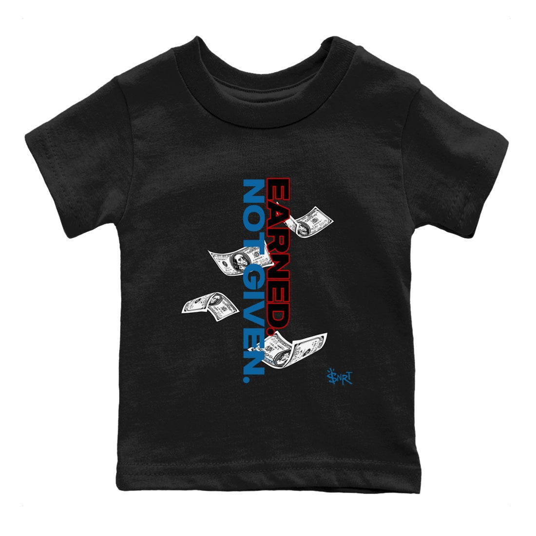 Earned Not Given baby and kids t-shirt crafted for little sneakerheads to shine with the Air Jordan 3 Rare Air sneakers, displayed in Black 2.