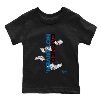Earned Not Given baby and kids t-shirt crafted for little sneakerheads to shine with the Air Jordan 3 Rare Air sneakers, displayed in Black 2.