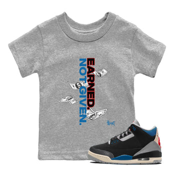 Earned Not Given baby and kids t-shirt crafted for little sneakerheads to shine with the Air Jordan 3 Rare Air sneakers, displayed in Heather Grey 1.