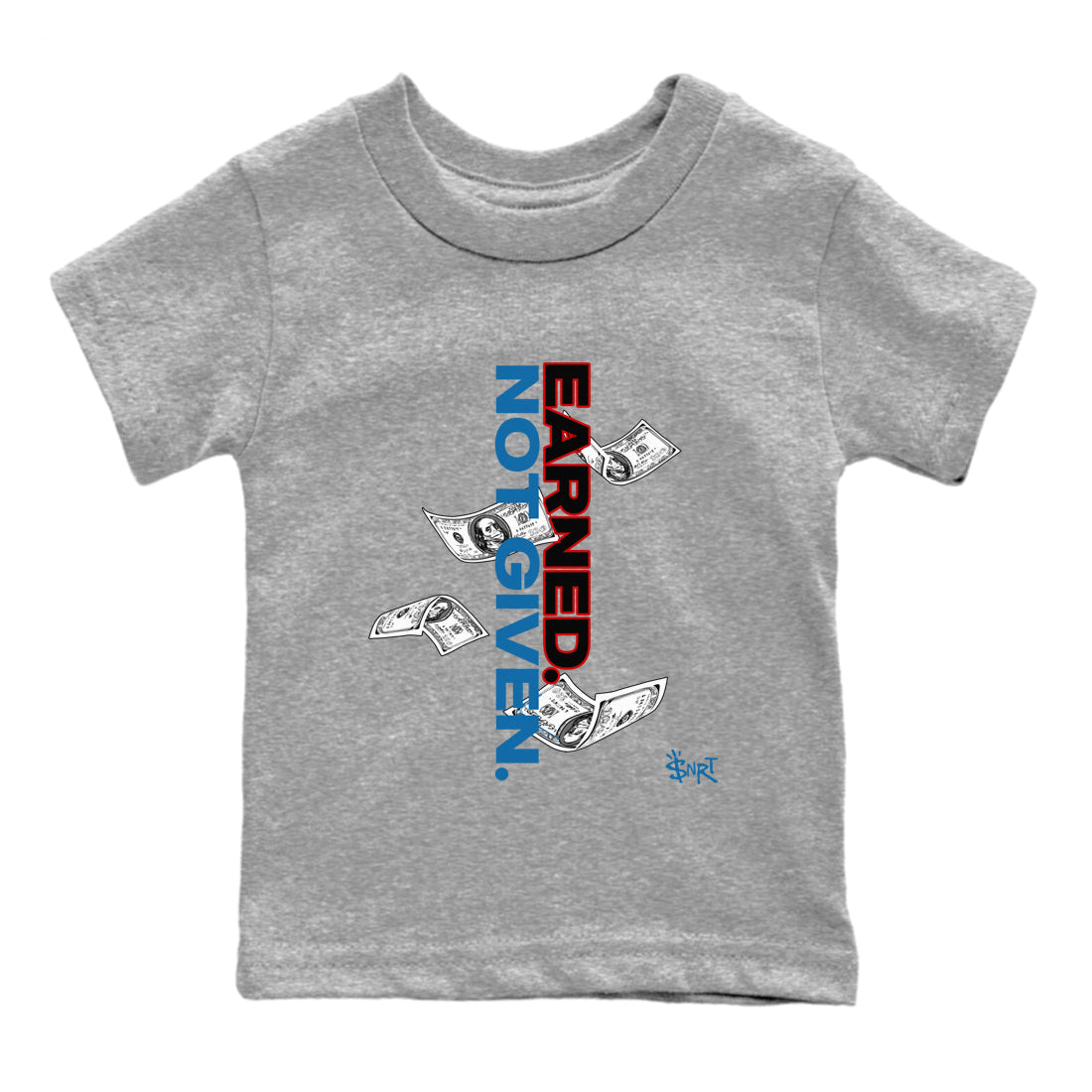 Earned Not Given baby and kids t-shirt crafted for little sneakerheads to shine with the Air Jordan 3 Rare Air sneakers, displayed in Heather Grey 2.