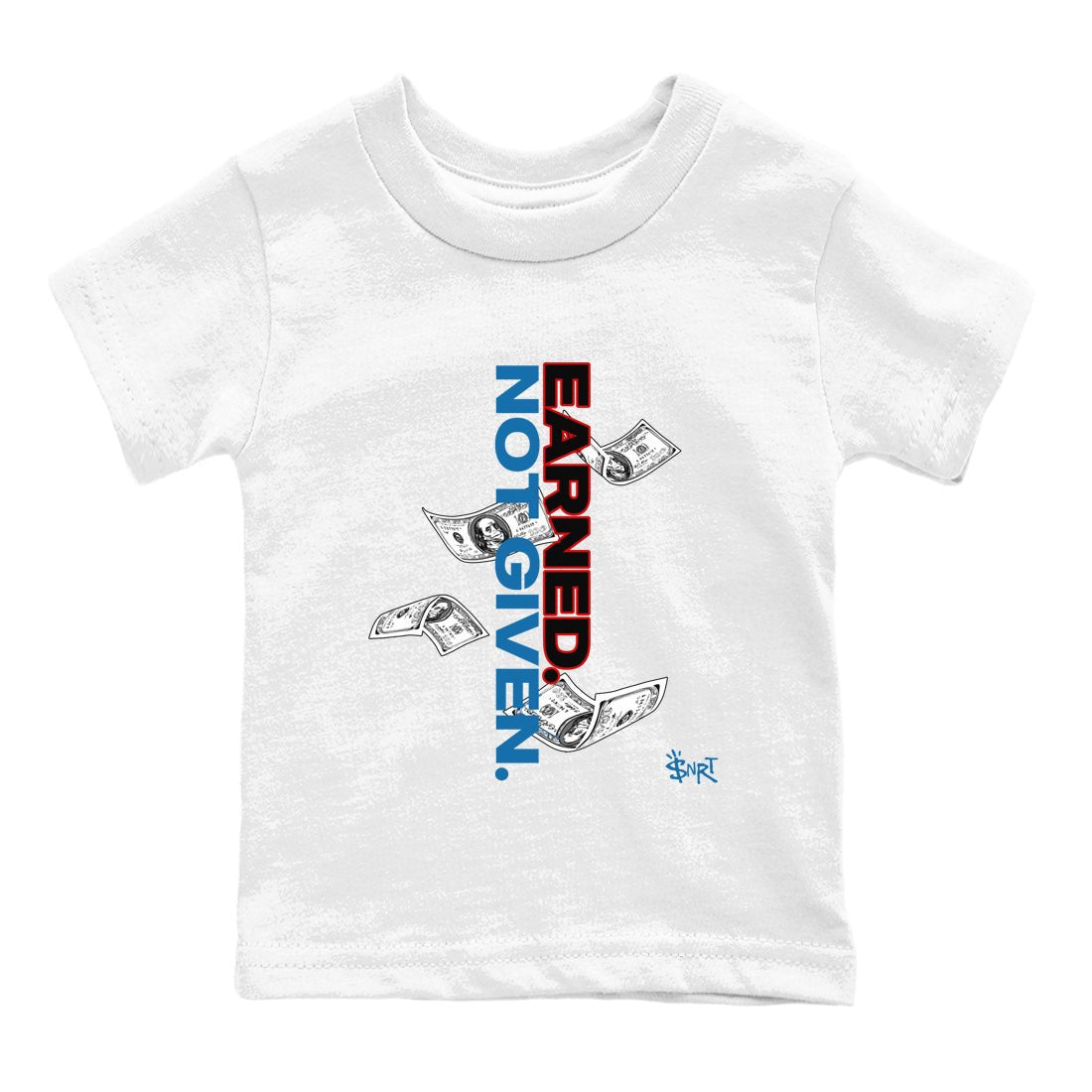 Earned Not Given baby and kids t-shirt crafted for little sneakerheads to shine with the Air Jordan 3 Rare Air sneakers, displayed in White 2.