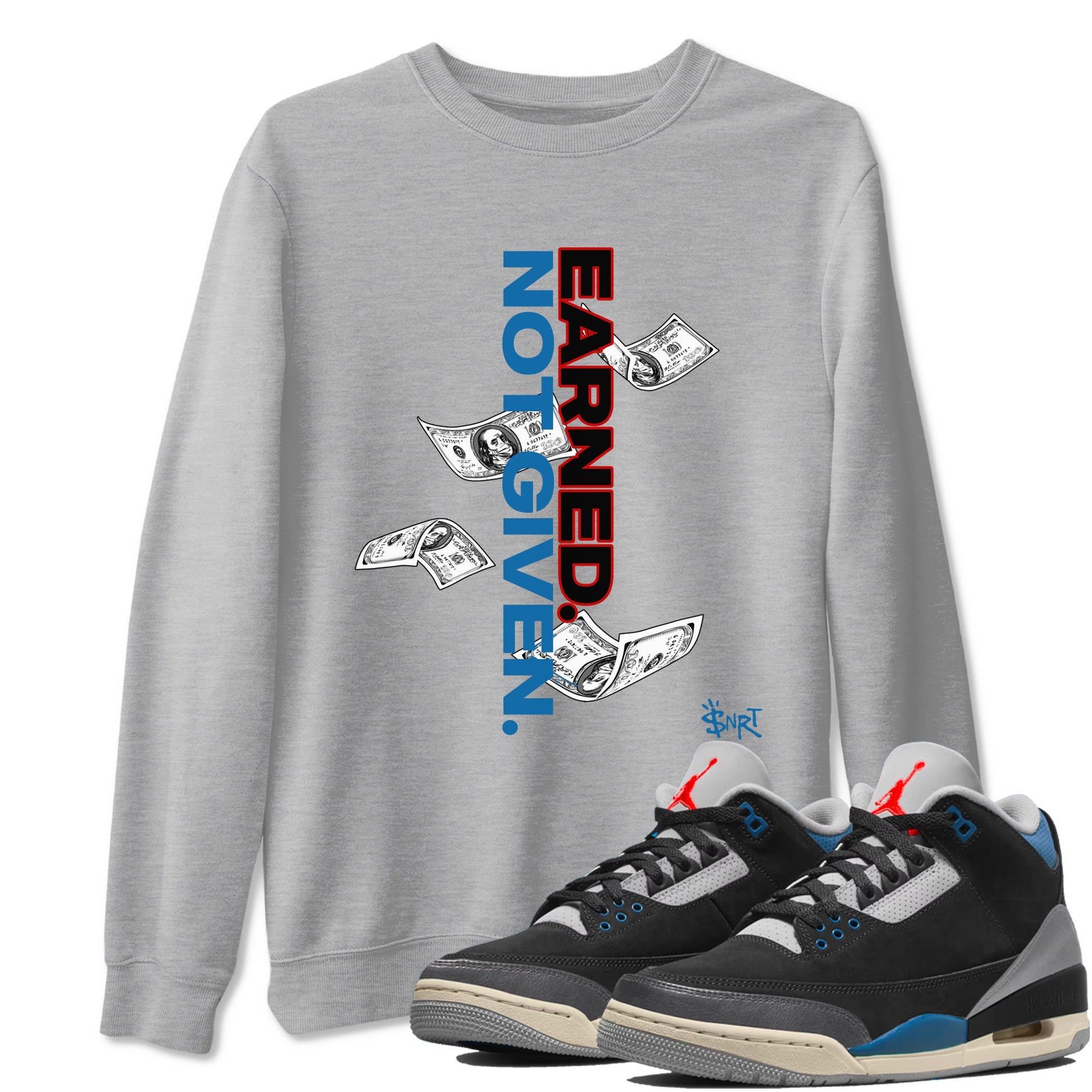 Earned Not Given sneaker match t-shirt styled to complete your fit with the Air Jordan 3 Rare Air sneakers, shown in Heather Grey 1.