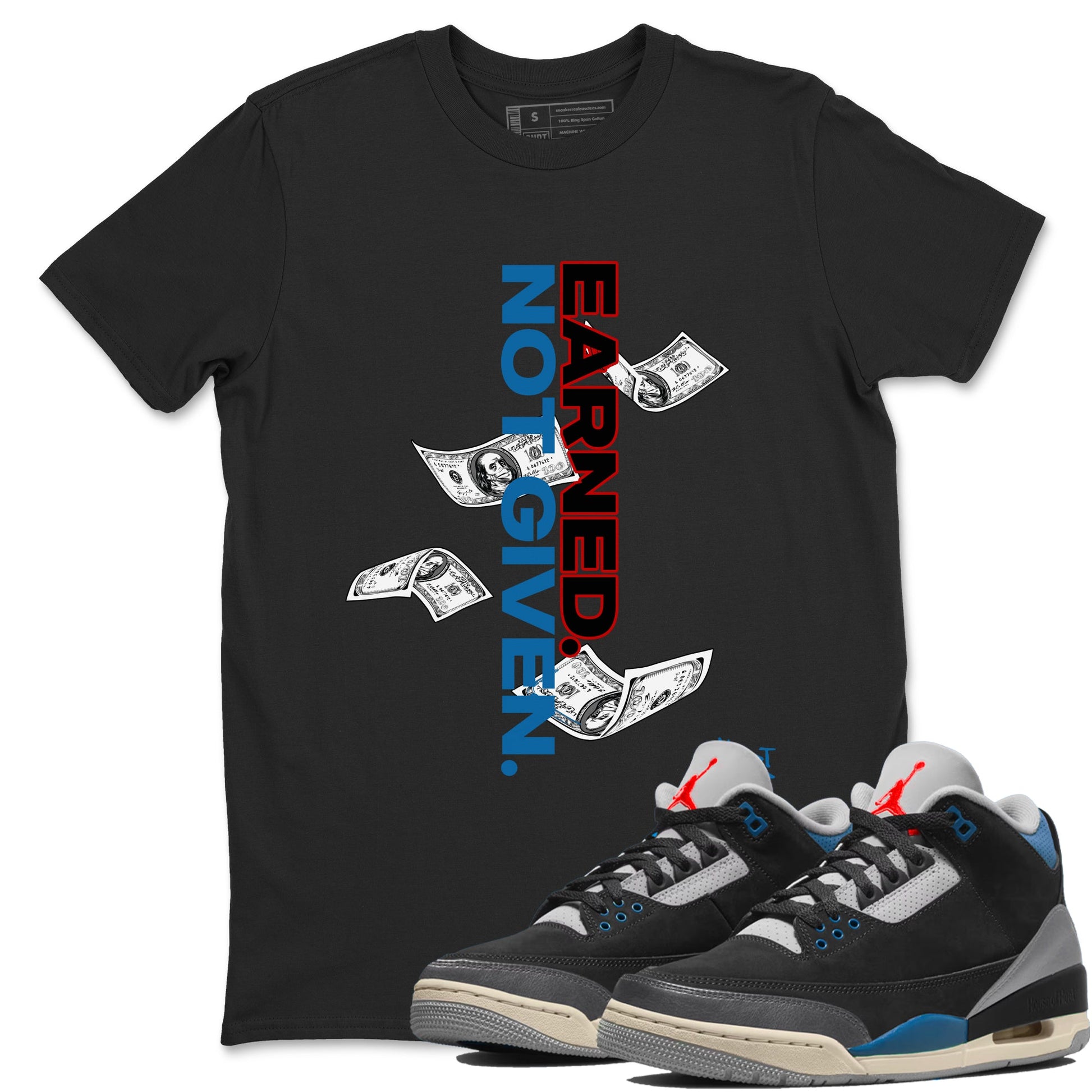 Earned Not Given sneaker match t-shirt styled to complete your fit with the Air Jordan 3 Rare Air sneakers, shown in Black 1.