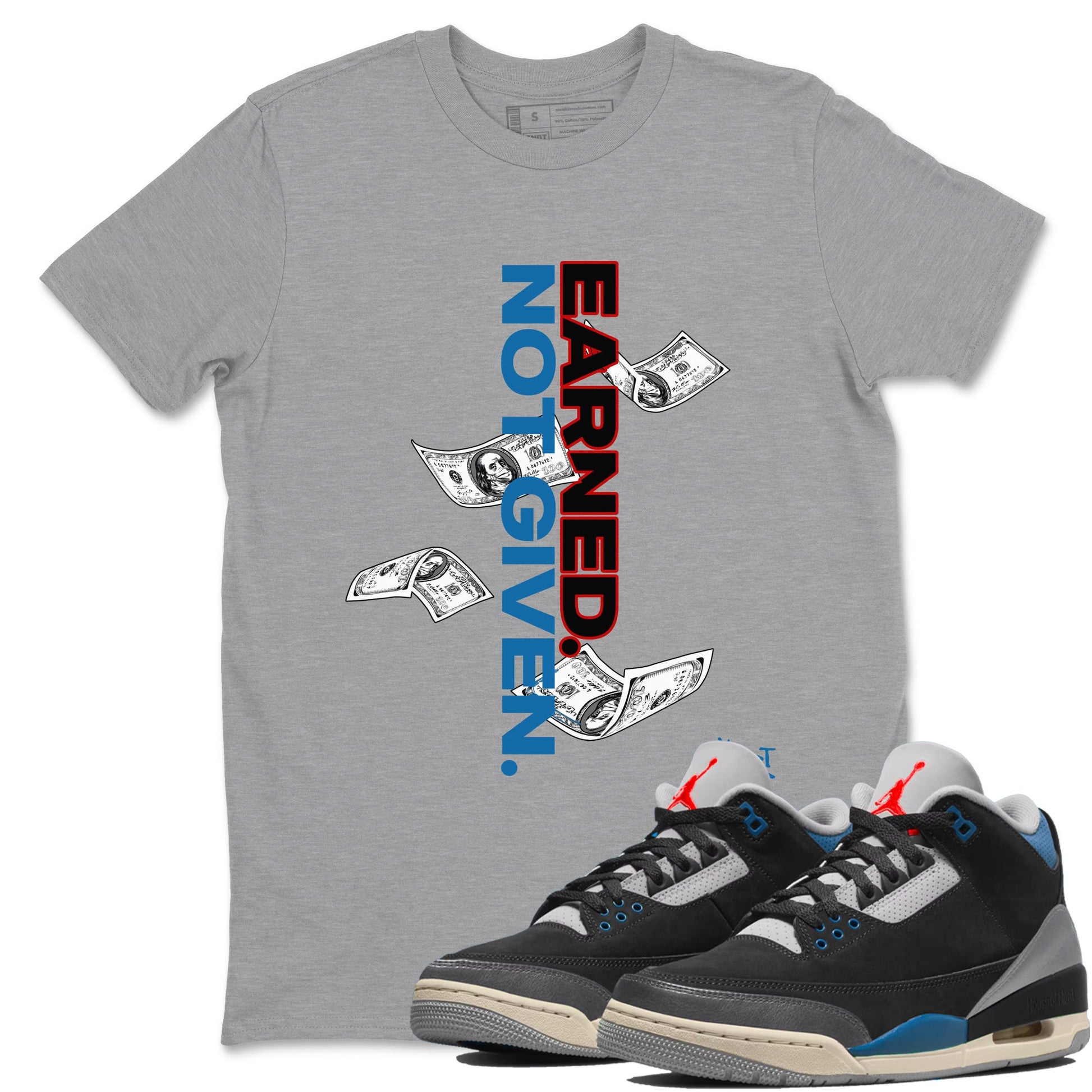 Earned Not Given sneaker match t-shirt styled to complete your fit with the Air Jordan 3 Rare Air sneakers, shown in Heather Grey 1.