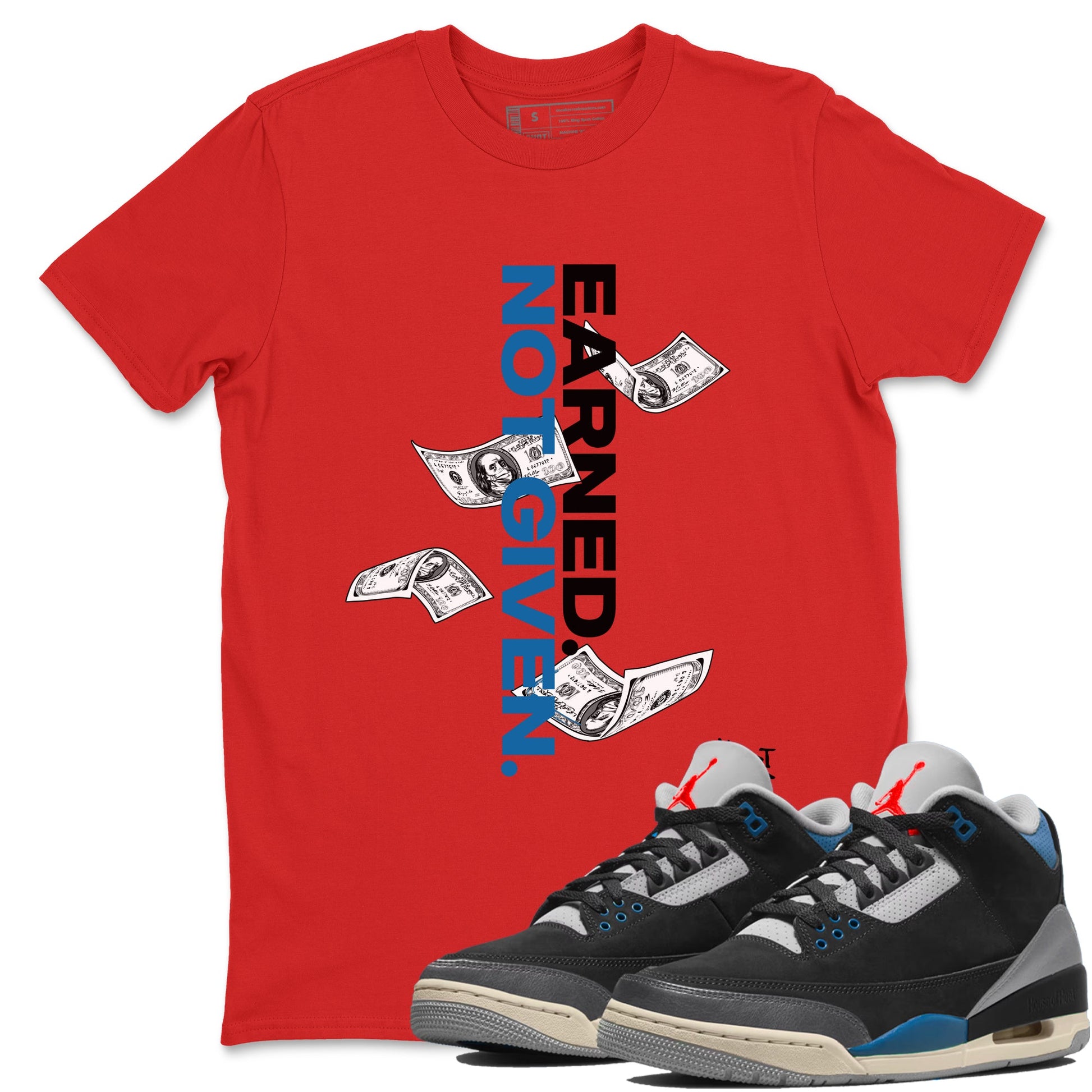 Earned Not Given sneaker match t-shirt styled to complete your fit with the Air Jordan 3 Rare Air sneakers, shown in Red 1.