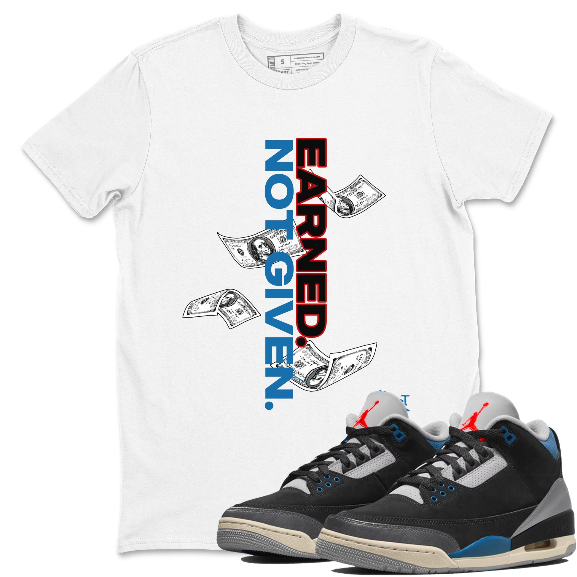 Earned Not Given sneaker match t-shirt styled to complete your fit with the Air Jordan 3 Rare Air sneakers, shown in White 1.