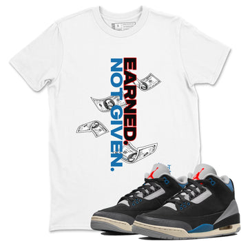 Earned Not Given sneaker match t-shirt styled to complete your fit with the Air Jordan 3 Rare Air sneakers, shown in White 1.