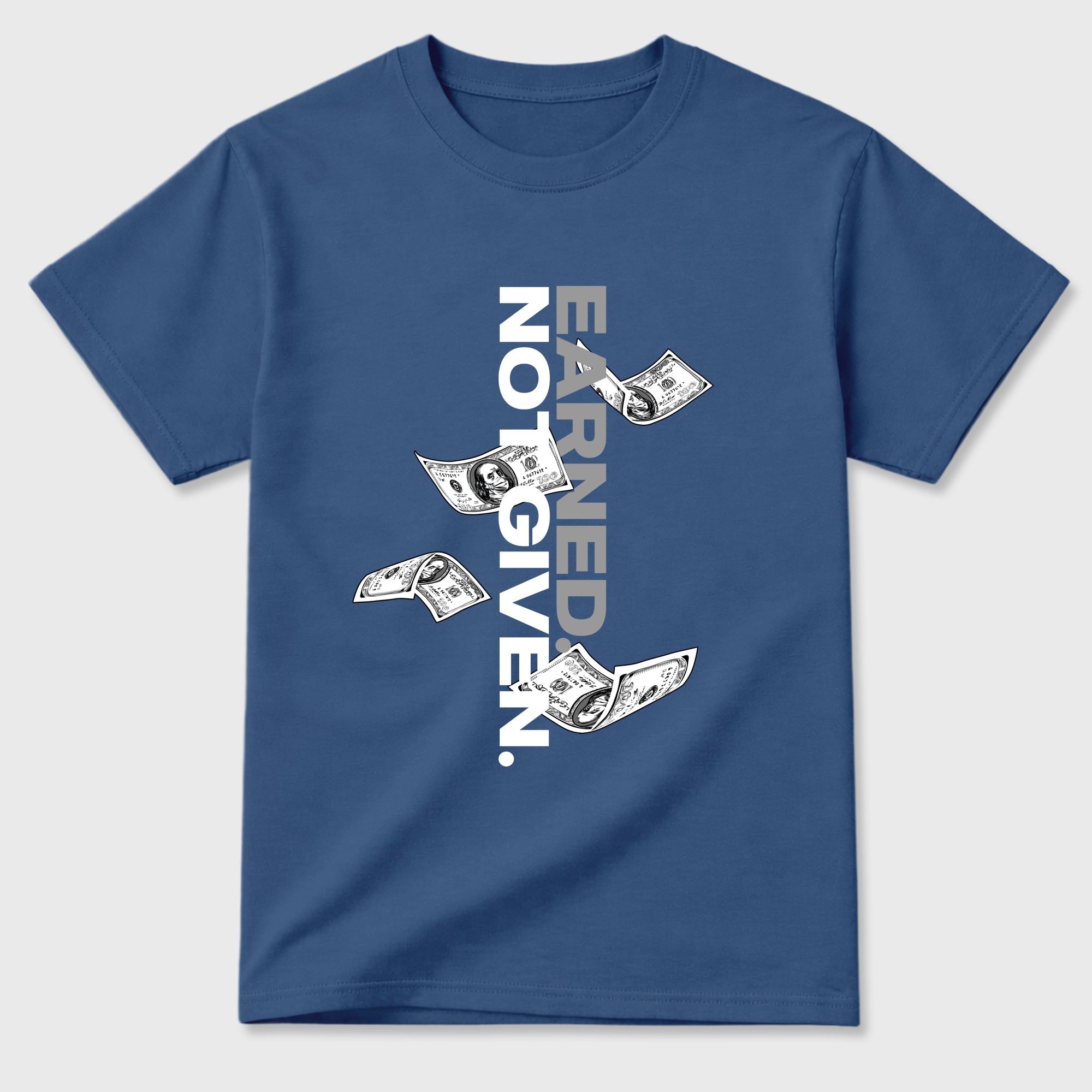 Earned Not Given Graphic T-Shirt featuring original streetwear artwork designed to match the Air Jordan 3 True Blue. Denim Blue 2 Graphic T-Shirt.