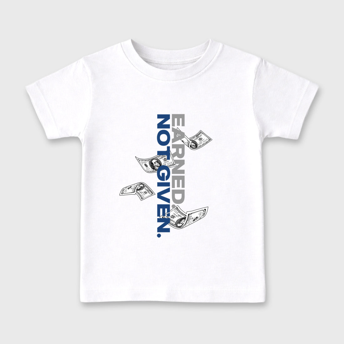Earned Not Given Baby & Kids Graphic T-Shirt featuring original artwork designed to match the Air Jordan 3 True Blue. White 2 Kids Graphic Tee.