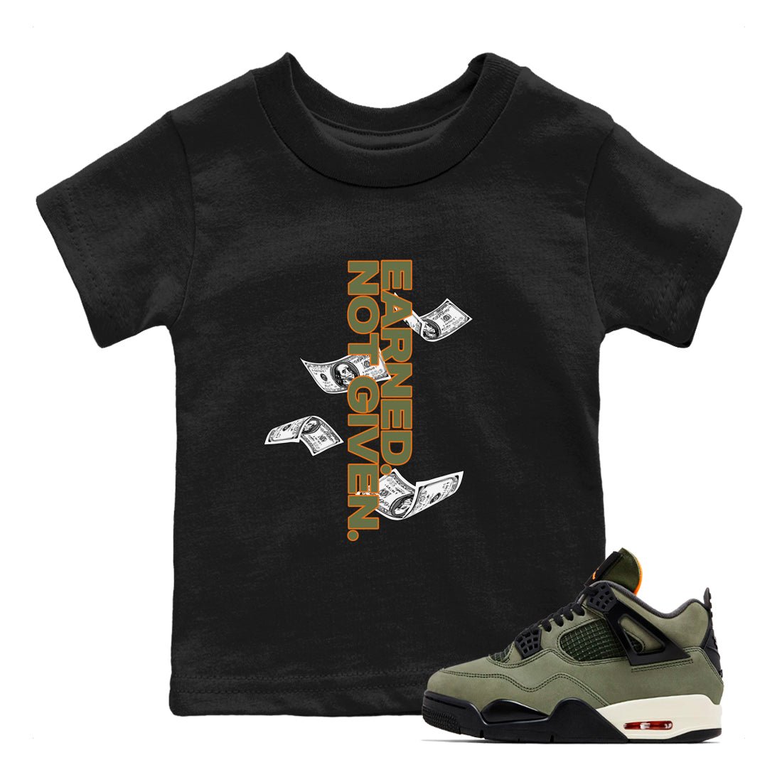 Sneaker match tees – Sneaker Tees To Match Undefeated inspired colorways Air Jordan 4 OG Olive Shoes  – Earned Not Given Kids T-Shirt Black 1