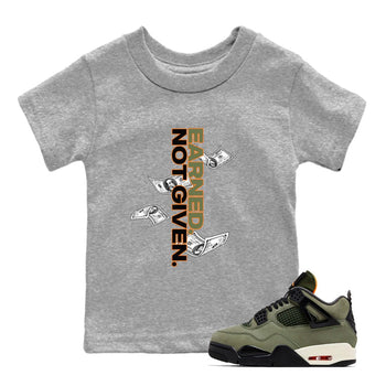 Sneaker match tees – Sneaker Tees To Match Undefeated inspired colorways Air Jordan 4 OG Olive Shoes  – Earned Not Given Kids T-Shirt Heather Grey 1