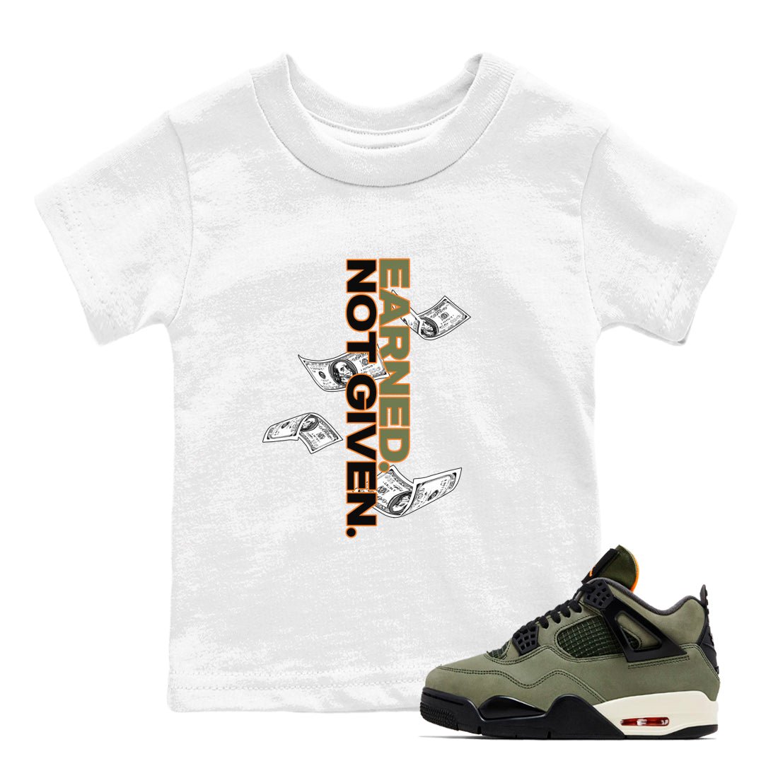 Sneaker match tees – Sneaker Tees To Match Undefeated inspired colorways Air Jordan 4 OG Olive Shoes  – Earned Not Given Kids T-Shirt White 1