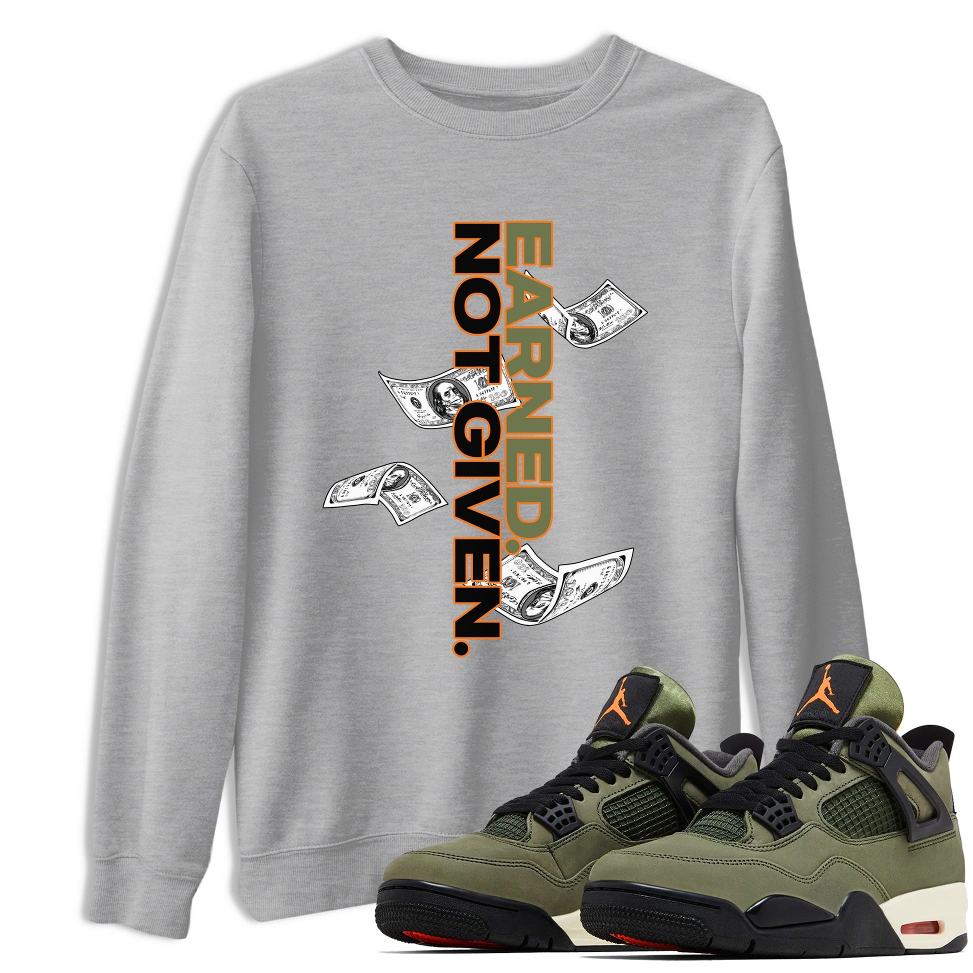 Sneaker match tees – Sneaker Tees To Match Undefeated inspired colorways Air Jordan 4 OG Olive Shoes  – Earned Not Given Tee Heather Grey 1