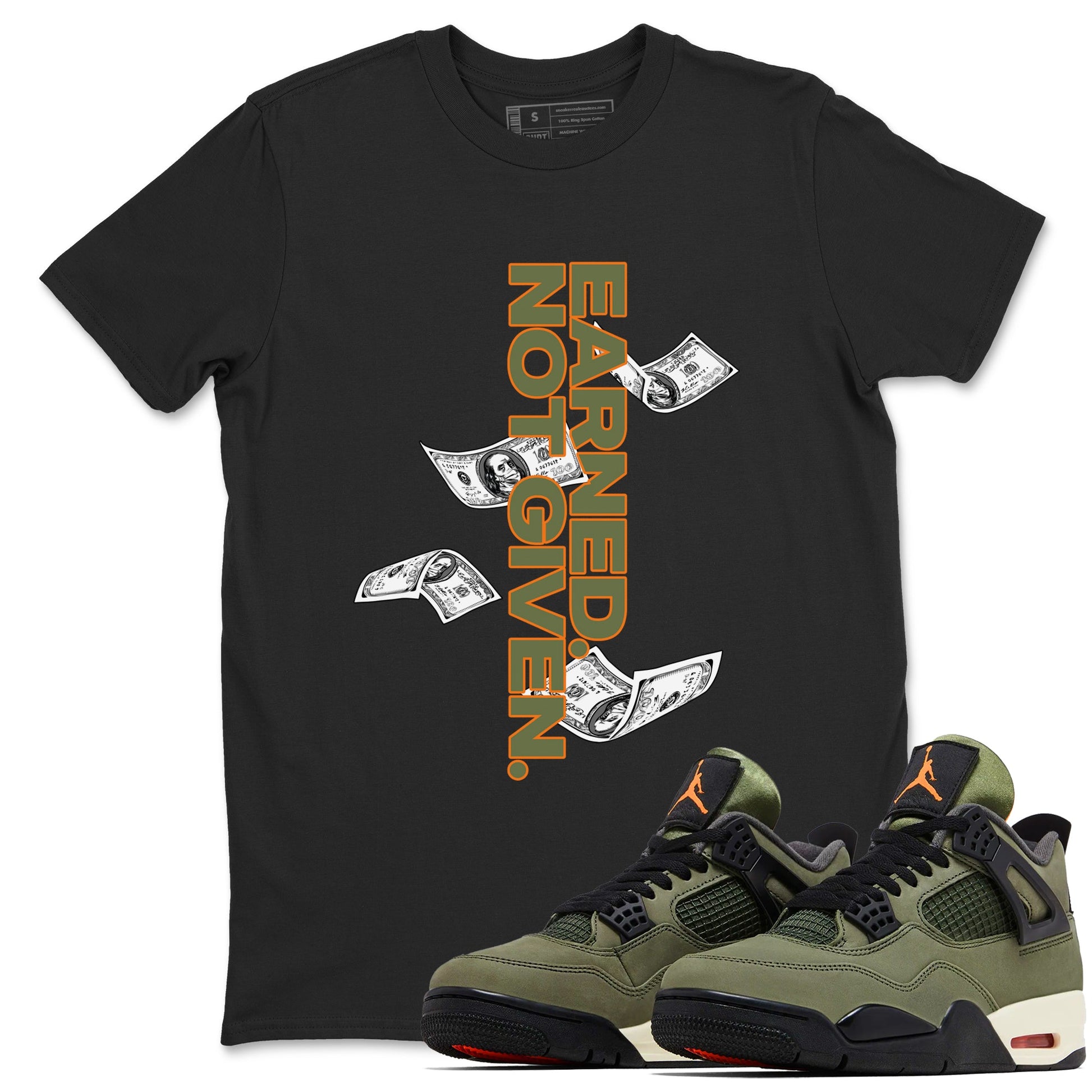 Sneaker match tees – Sneaker Tees To Match Undefeated inspired colorways Air Jordan 4 OG Olive Shoes  – Earned Not Given Tee Black 1
