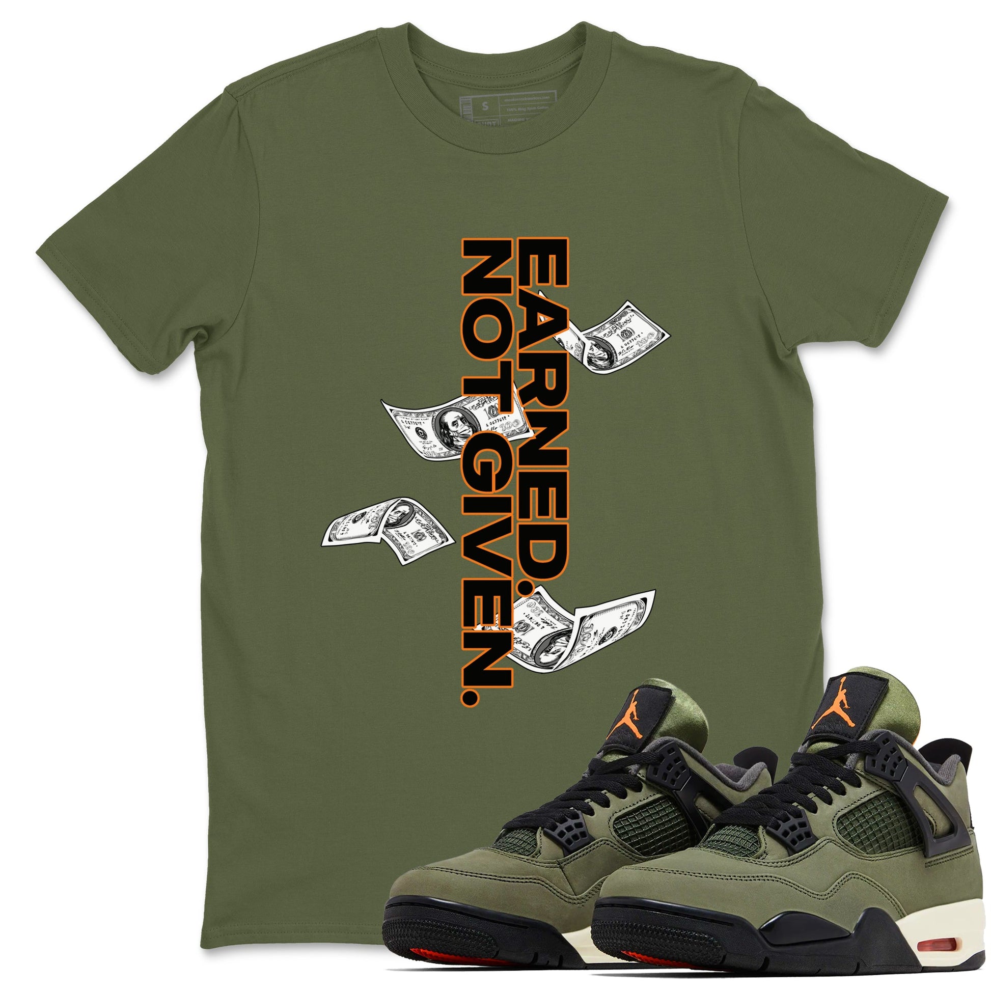 Sneaker match tees – Sneaker Tees To Match Undefeated inspired colorways Air Jordan 4 OG Olive Shoes  – Earned Not Given Tee Military Green 1