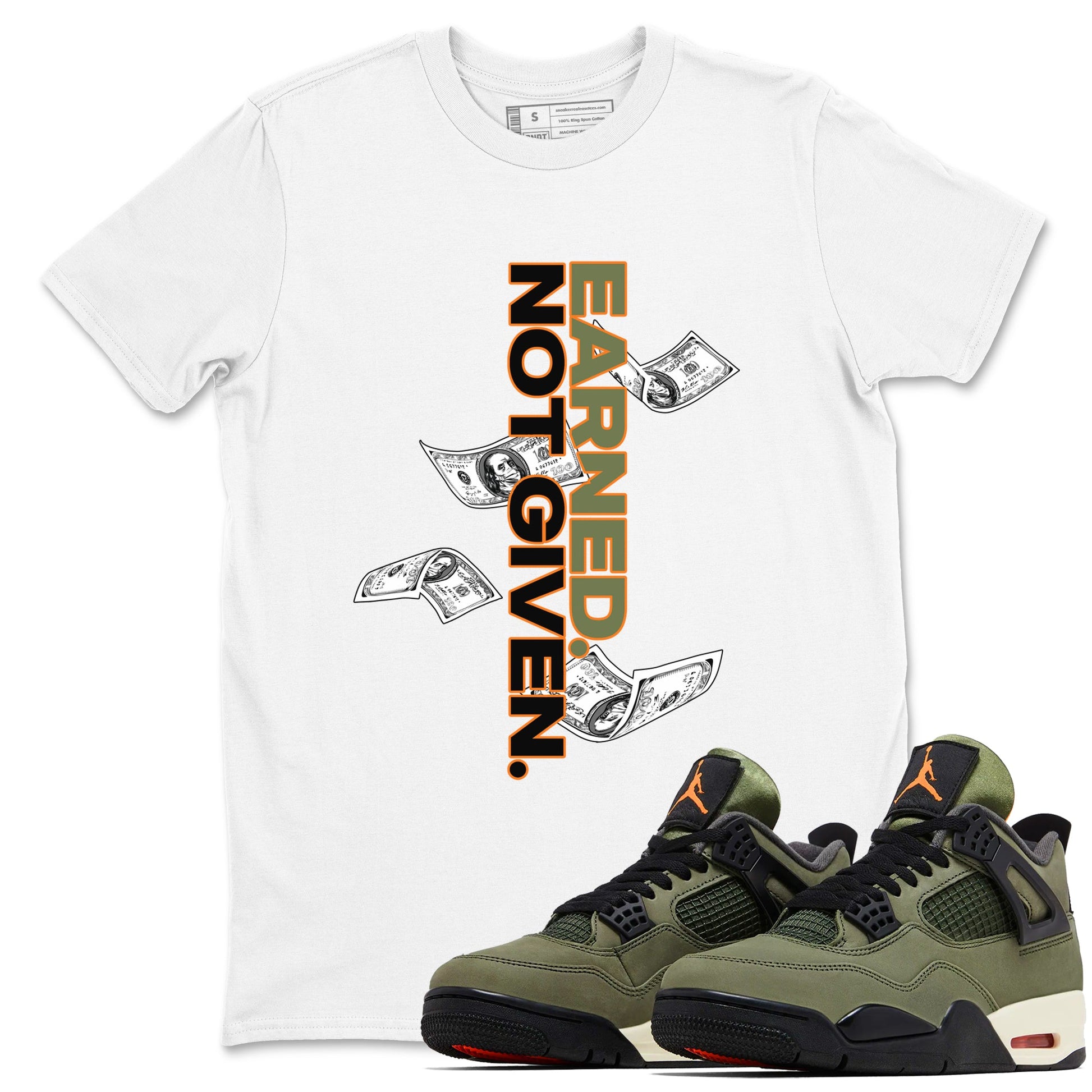 Sneaker match tees – Sneaker Tees To Match Undefeated inspired colorways Air Jordan 4 OG Olive Shoes  – Earned Not Given Tee White 1
