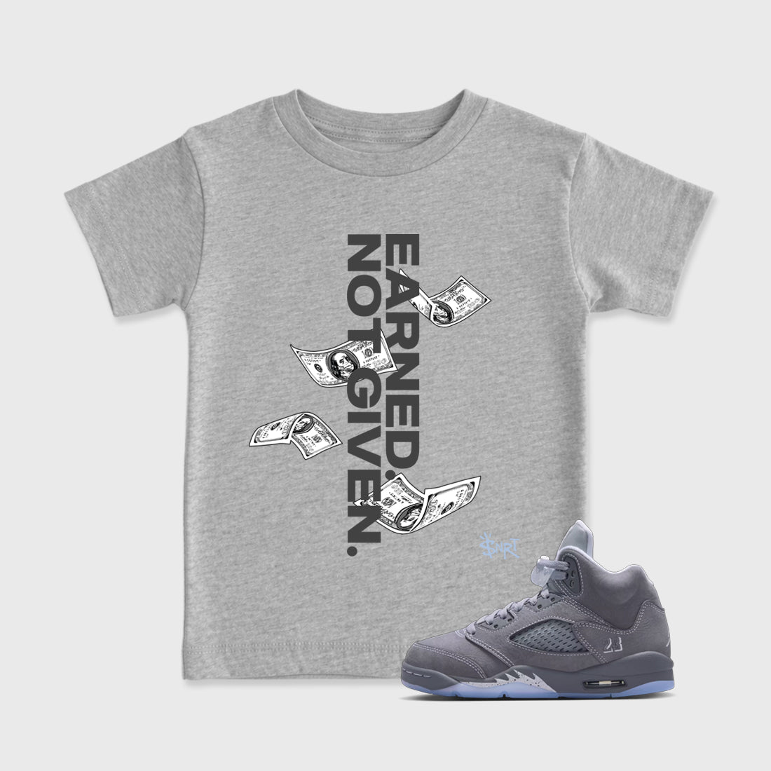 Sneakerfit for Sneakerheads – Sneaker Tees To Match Air Jordan 5 Wolf Grey Sneakers – Earned Not Given Kids T-Shirt Heather Grey 1