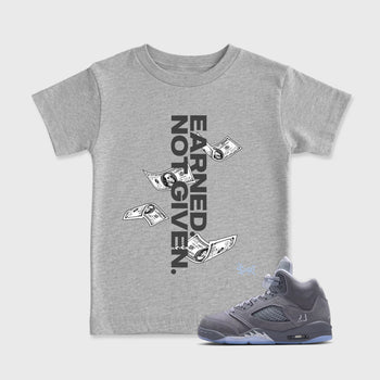 Sneakerfit for Sneakerheads – Sneaker Tees To Match Air Jordan 5 Wolf Grey Sneakers – Earned Not Given Kids T-Shirt Heather Grey 1
