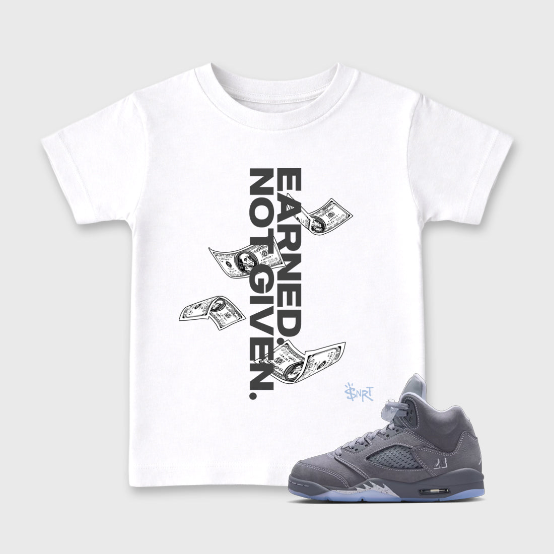 Sneakerfit for Sneakerheads – Sneaker Tees To Match Air Jordan 5 Wolf Grey Sneakers – Earned Not Given Kids T-Shirt White 1