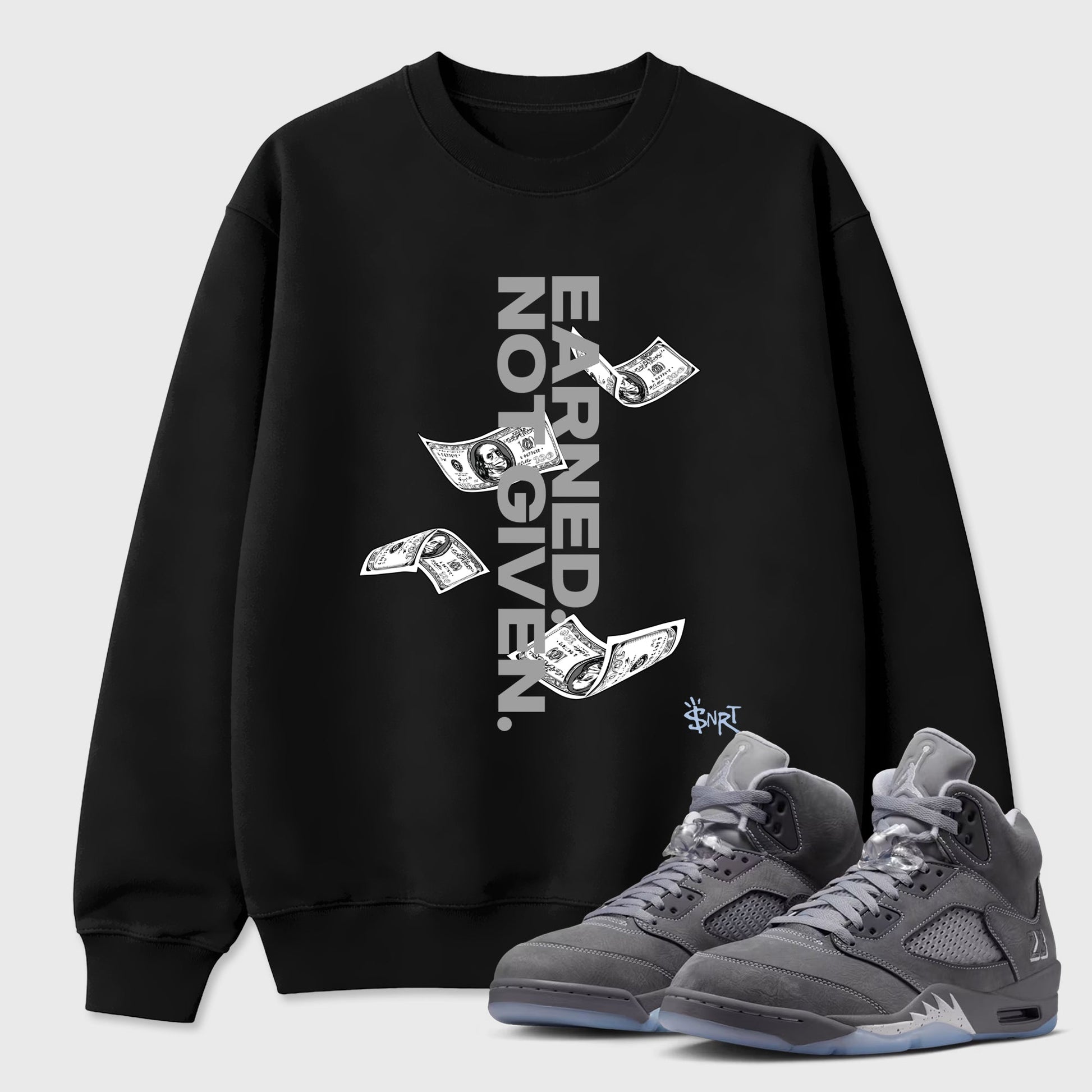 Sneakerfit for Sneakerheads – Sneaker Tees To Match Air Jordan 5 Wolf Grey Sneakers – Earned Not Given Tee Black 1