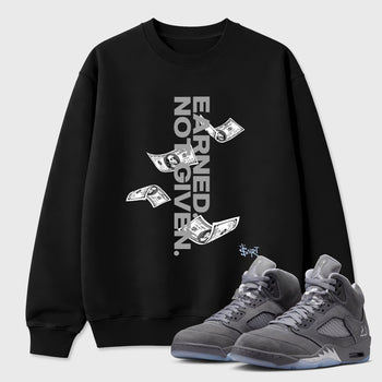 Sneakerfit for Sneakerheads – Sneaker Tees To Match Air Jordan 5 Wolf Grey Sneakers – Earned Not Given Tee Black 1