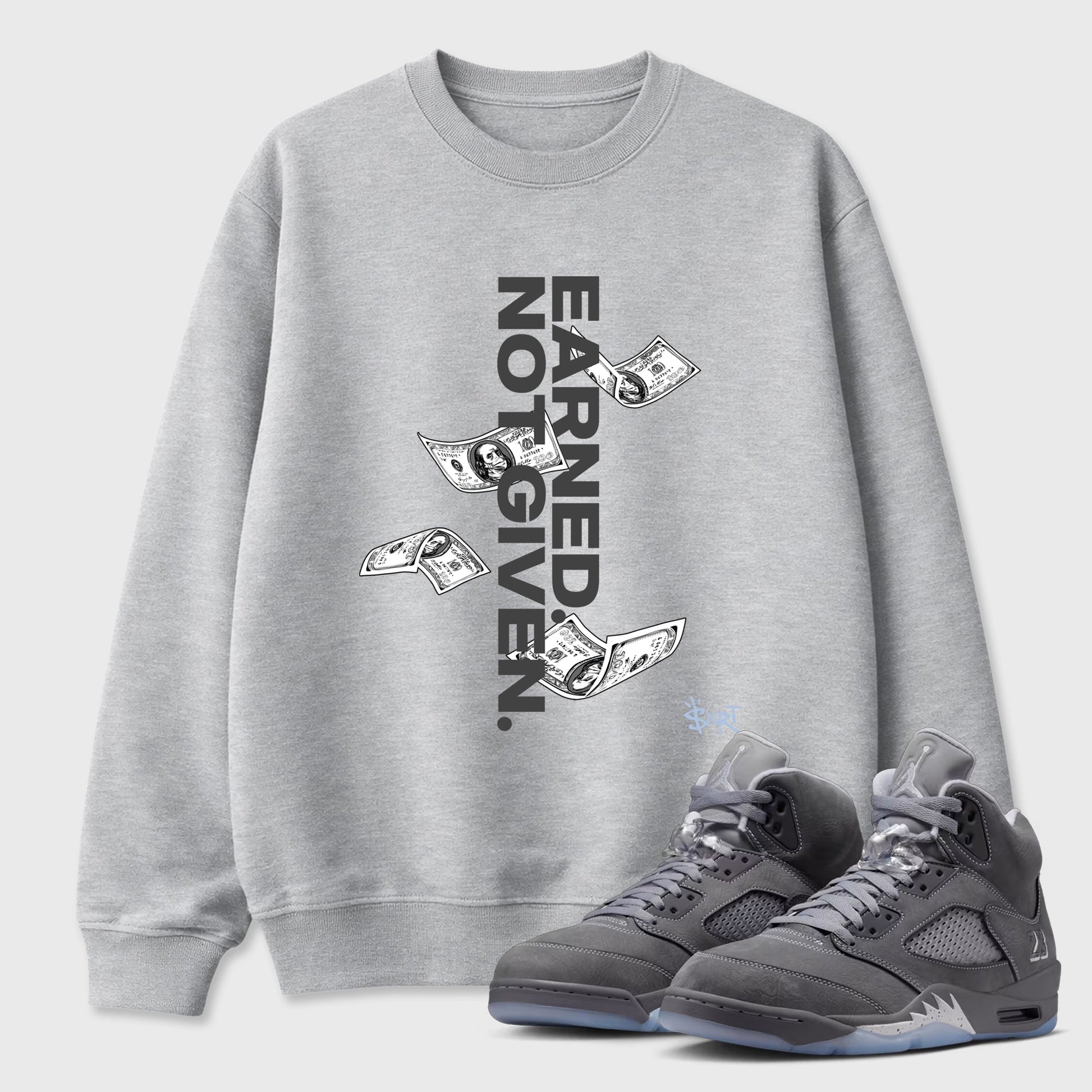 Sneakerfit for Sneakerheads – Sneaker Tees To Match Air Jordan 5 Wolf Grey Sneakers – Earned Not Given Tee Heather Grey 1