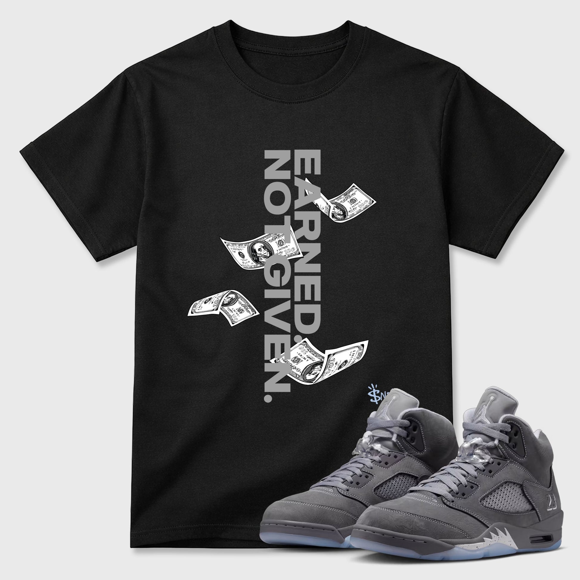 Sneakerfit for Sneakerheads – Sneaker Tees To Match Air Jordan 5 Wolf Grey Sneakers – Earned Not Given Tee Black 1