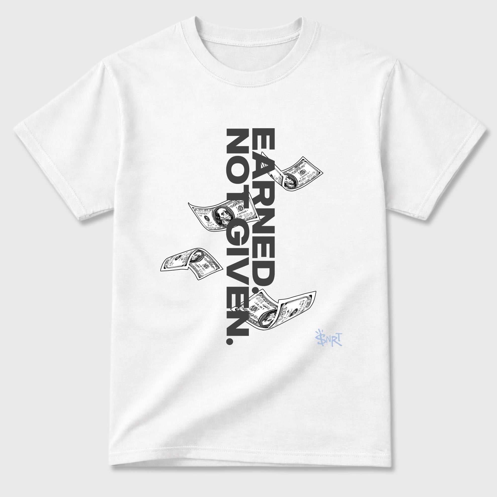 Sneakerfit for Sneakerheads – Sneaker Tees To Match Air Jordan 5 Wolf Grey Sneakers – Earned Not Given Tee White 2