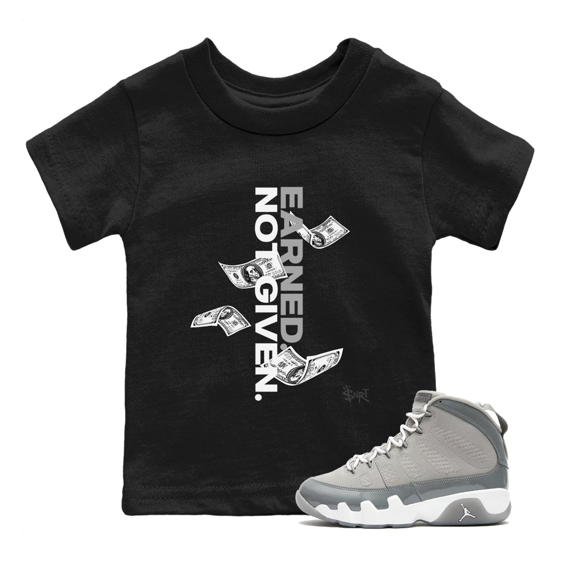 9s Cool Grey shirts to match jordans Earned Not Given sneaker match tees Air Jordan 9 Retro Cool Grey match shoes to clothes SNRT Sneaker Tees Youth Baby Black 1 tee