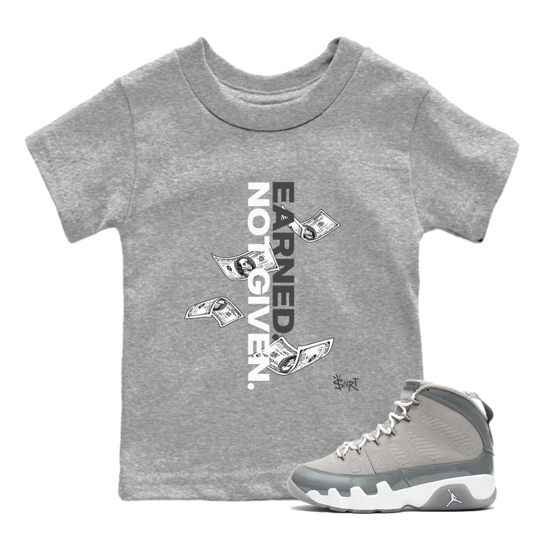 9s Cool Grey shirts to match jordans Earned Not Given sneaker match tees Air Jordan 9 Retro Cool Grey match shoes to clothes SNRT Sneaker Tees Youth Baby Heather Grey 1 tee